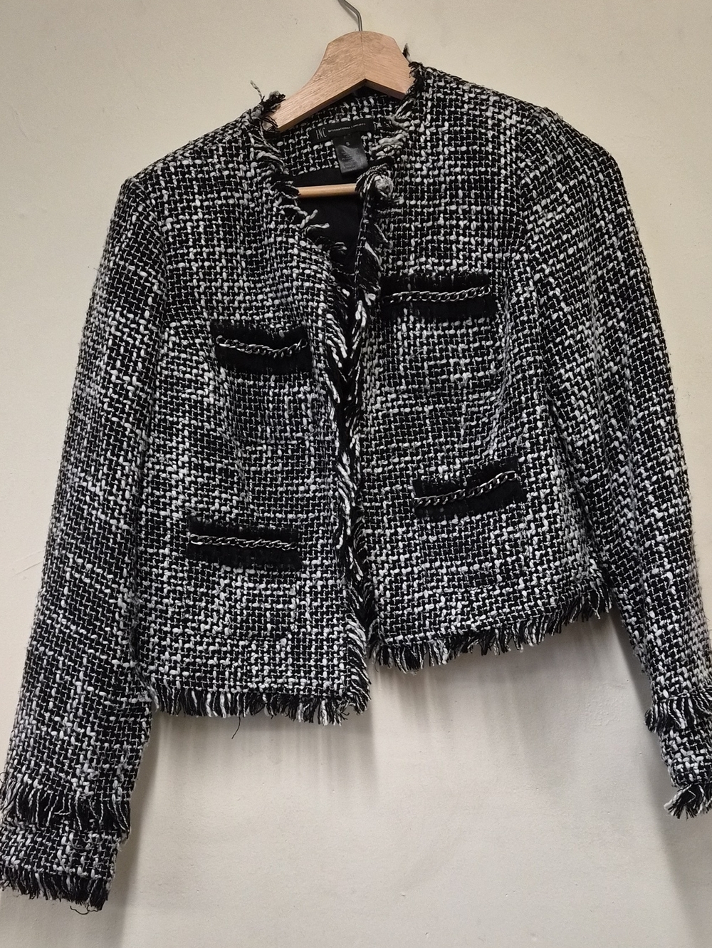 INC International Concepts Black & White Tweed Frayed-Trim Blazer Size S
